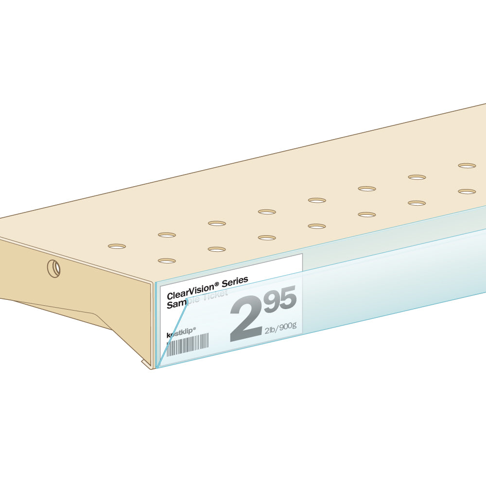An illustration of the StickNSnap Flat Mount, Locking Window Ticket Molding, open, installed on a shelf edge with a price ticket
