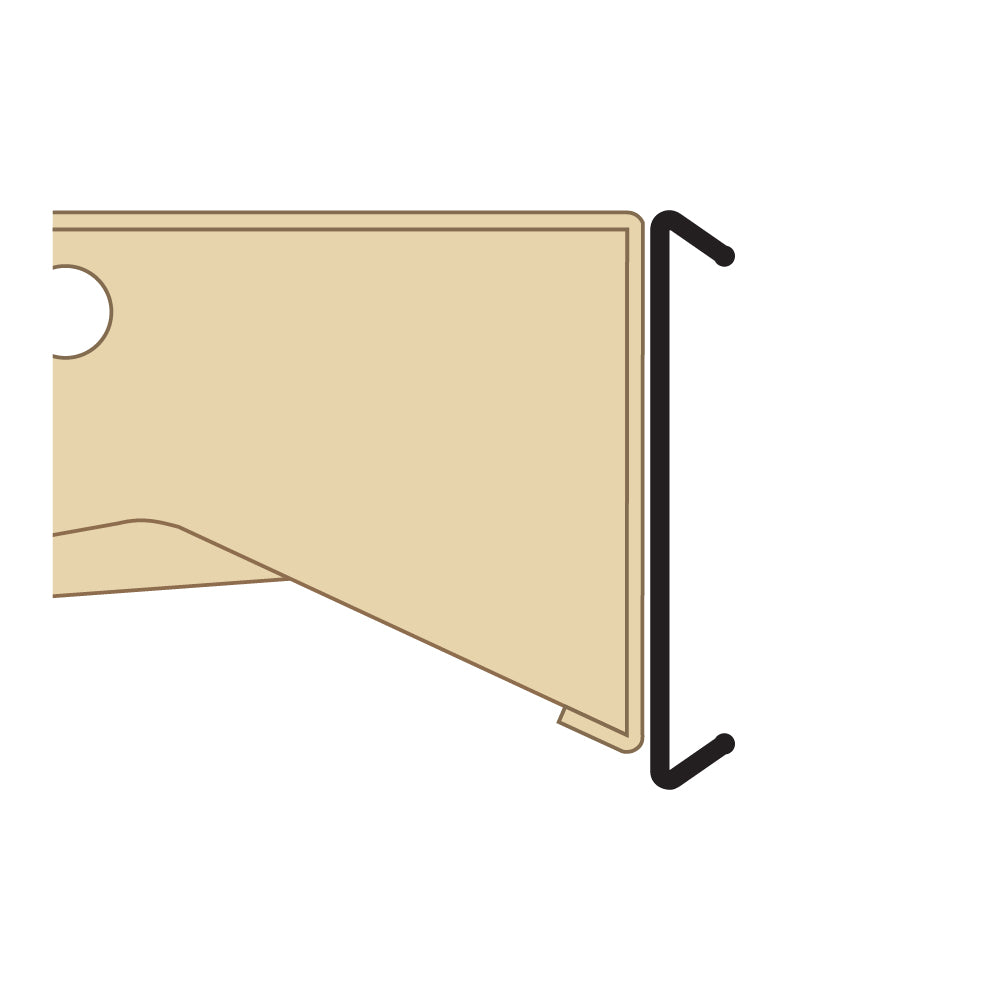 A profile illustration of the Flat Mount, Windowless Ticket Molding installed on a shelf edge
