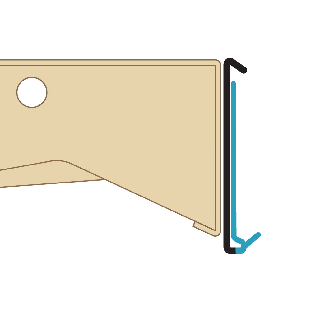 A profile illustration of the ClearVision Flat Mount, with Channel Ticket Molding in black attached to a shelf edge