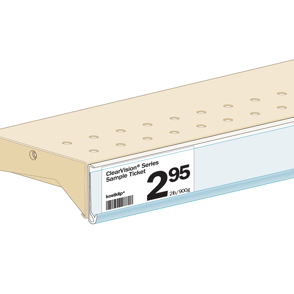 An illustration of the ClearVision Flat Mount, with Channel Ticket Molding attached to a shelf edge with a price ticket