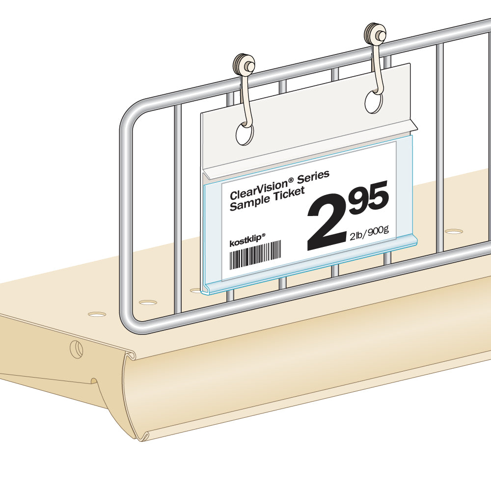 An illustration of the ClearVision Fence, Hanging with Button Clips Ticket Molding installed on a wire fence with button clips, containing a price ticket