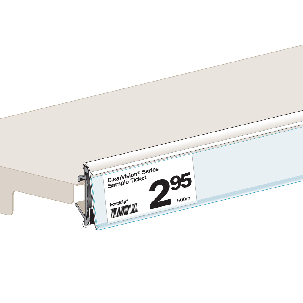 An illustration of the ClearVision Hussmann Extrusion, Clip-Over Ticket Molding installed on a shelf edge with a price ticket
