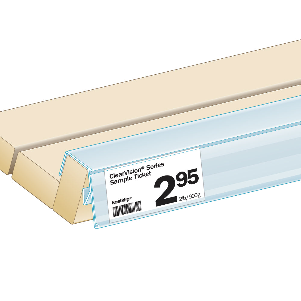 An illustration of the ClearVision 0.75" Thick Bread Rack Ticket Molding installed on a shelf with a price ticket