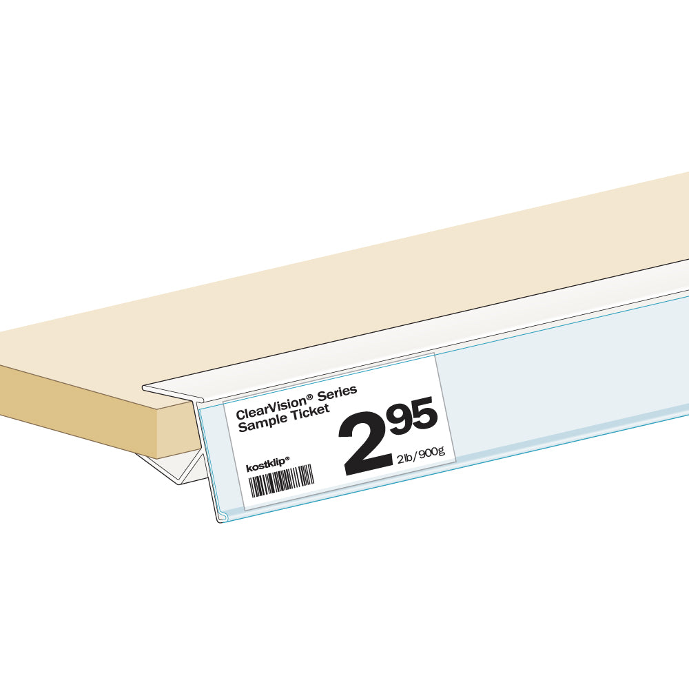 An illustration of the ClearVision 0.625-0.75" Thick Shelf, 15° Angle Ticket Molding installed on a shelf edge with a price ticket