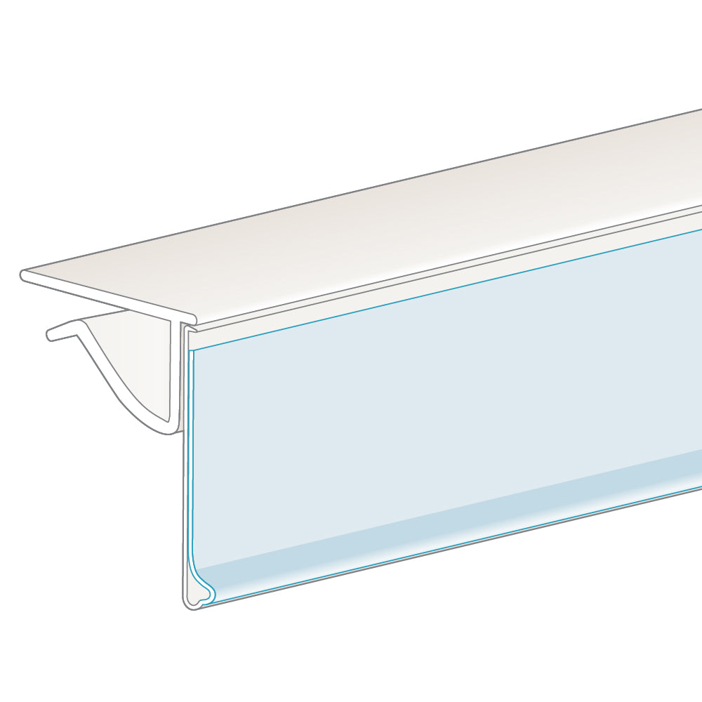 An illustration of the ClearVision 0.25-0.375" Thick Shelf, Hinged Ticket Molding in white