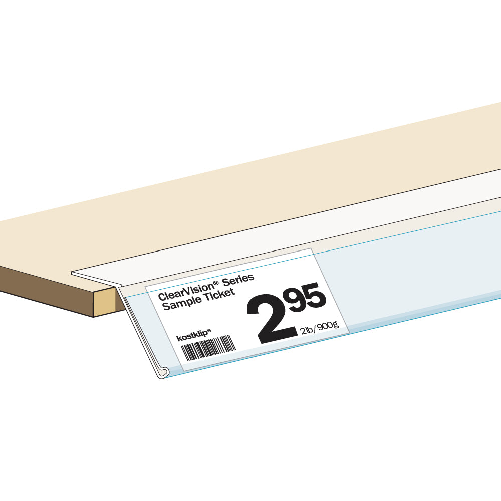 An illustration of the ClearVision Top Mount, 15° Angle Ticket Molding installed on a shelf edge with a price ticket
