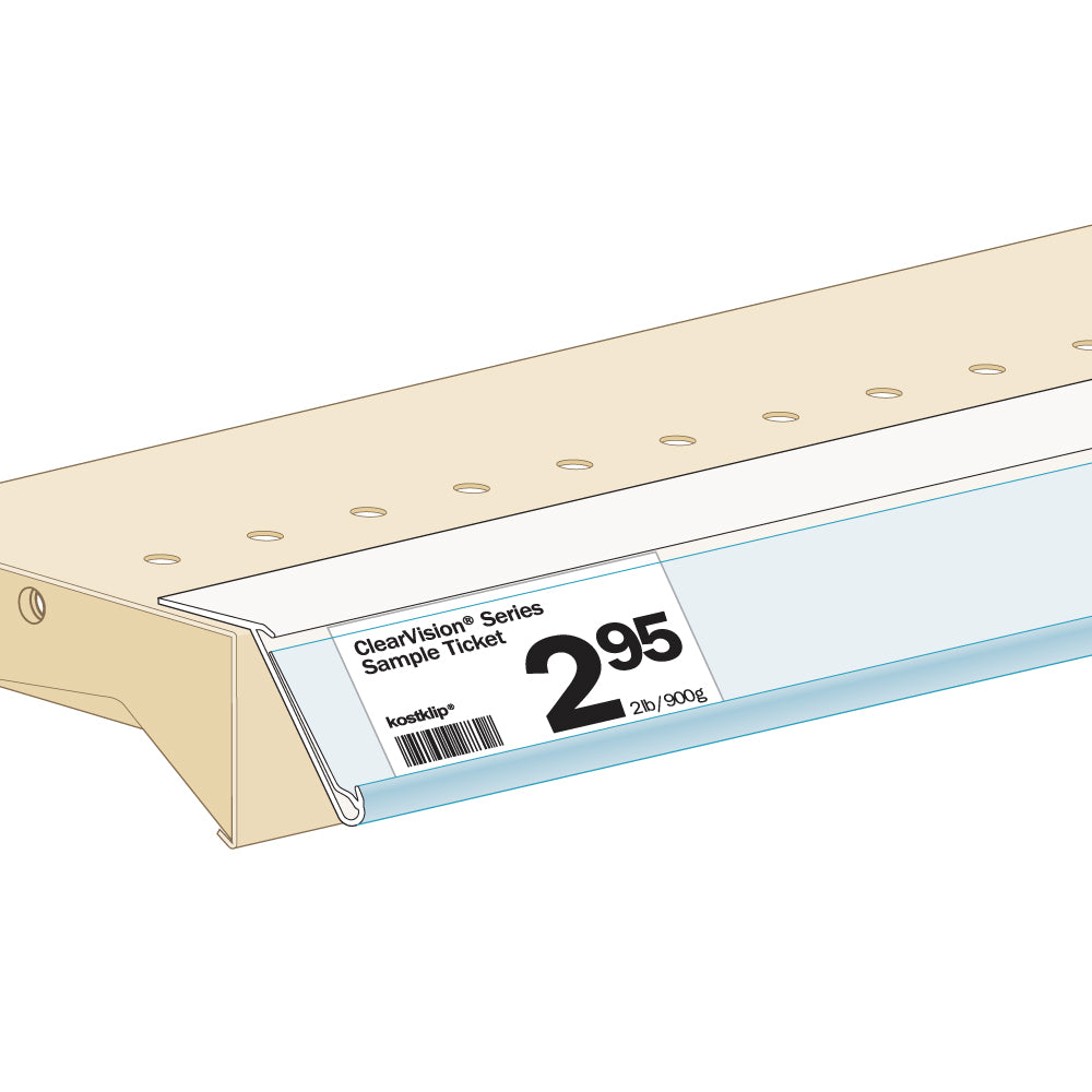 An illustration of the ClearVision Top Mount, 20°, with Channel Ticket Molding installed on a shelf edge with a price ticket