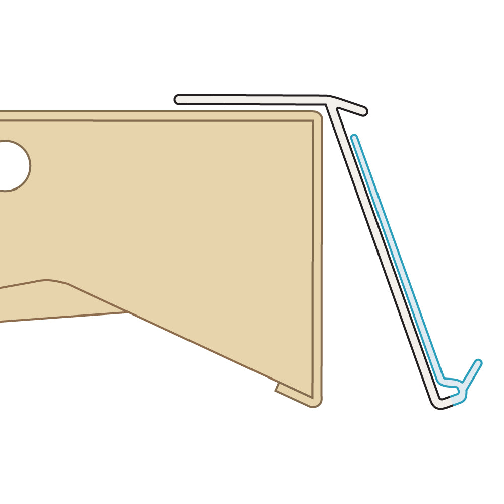 A profile illustration of the ClearVision Top Mount, 20°, with Channel Ticket Molding installed on a shelf edge