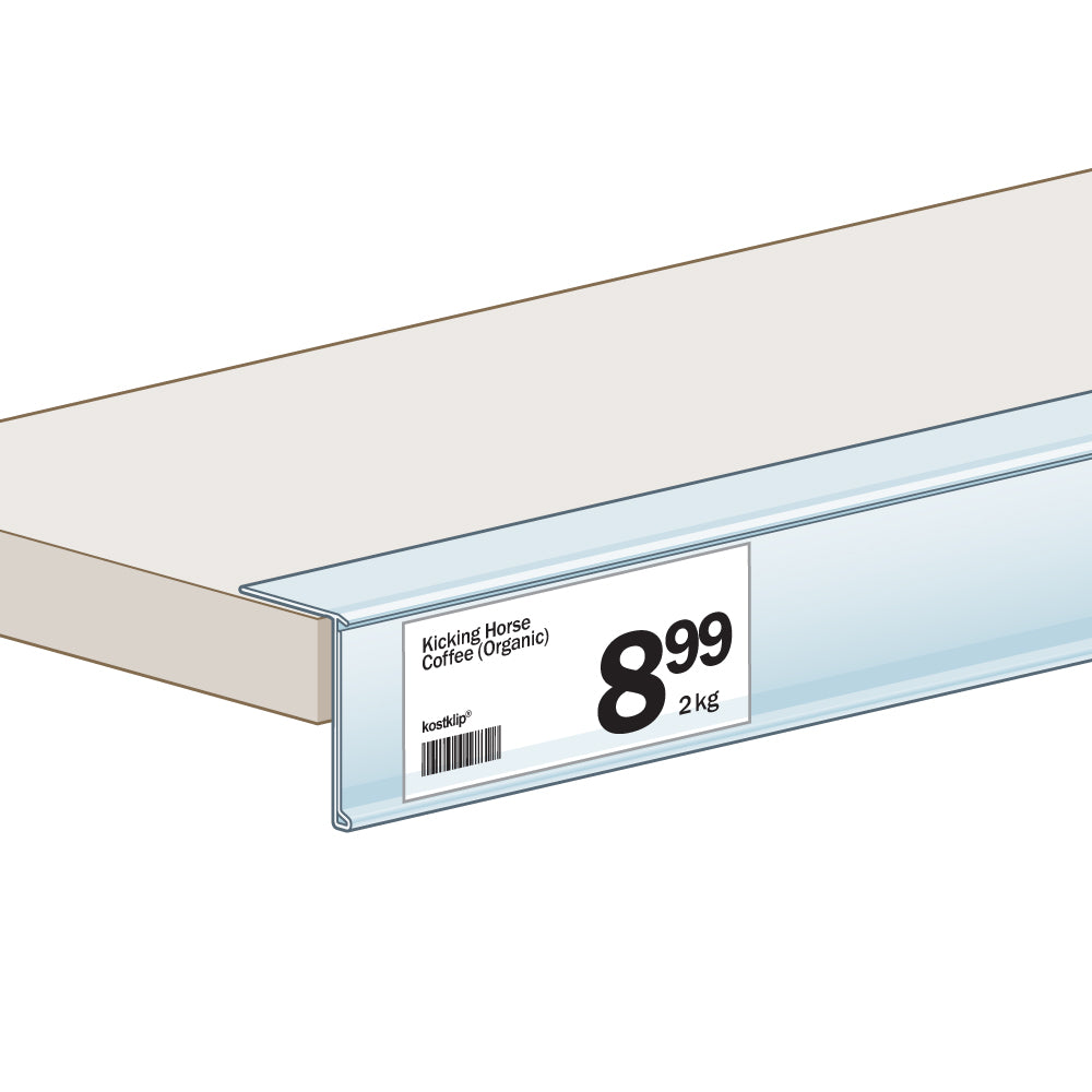 An illustration of the ClearVision Top Mount, Hinged Ticket Molding installed on a shelf edge with a price ticket