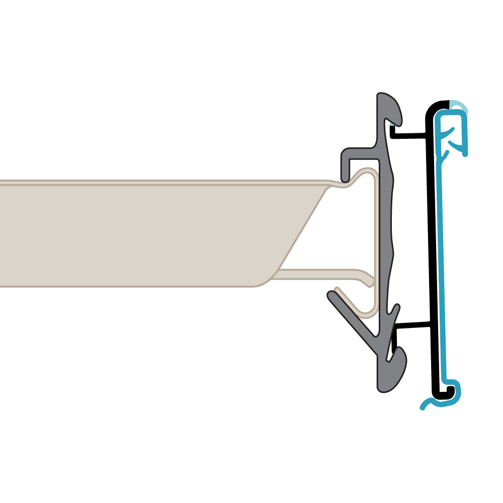 A profile illustration of the Water Resistant Ticket Molding installed in a Hussmann aluminum extrusion shelf