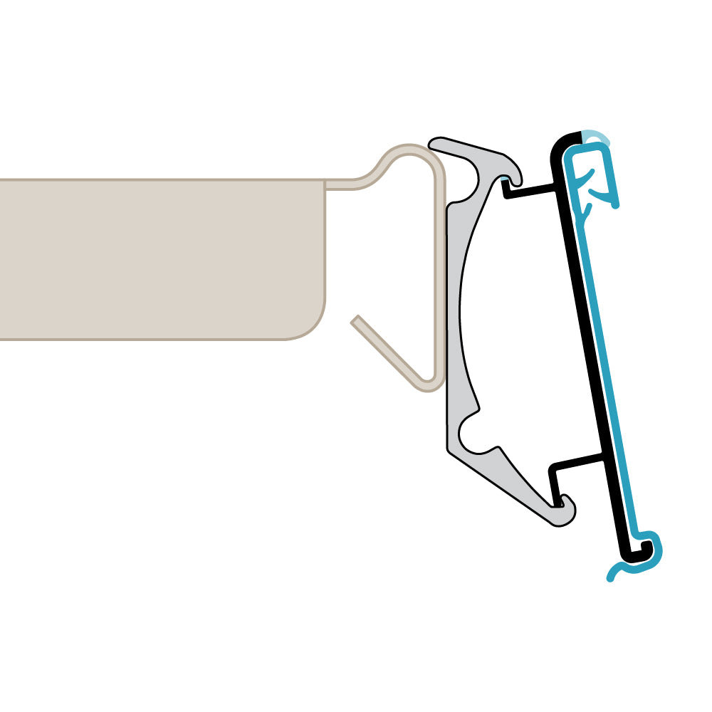 A profile illustration of the Water Resistant Ticket Molding installed in a Hussmann shelf