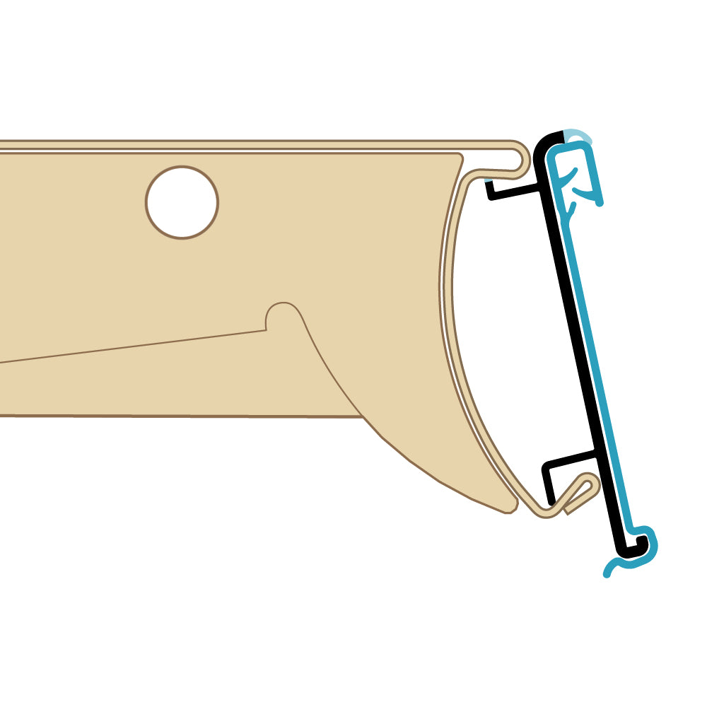 A profile illustration of the Water Resistant Ticket Molding installed in a lozier shelf