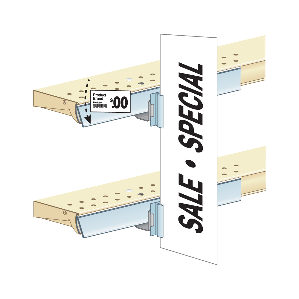 An illustration of the Under Shelf Bracket installed on two parallel shelves holding a large sign between the two