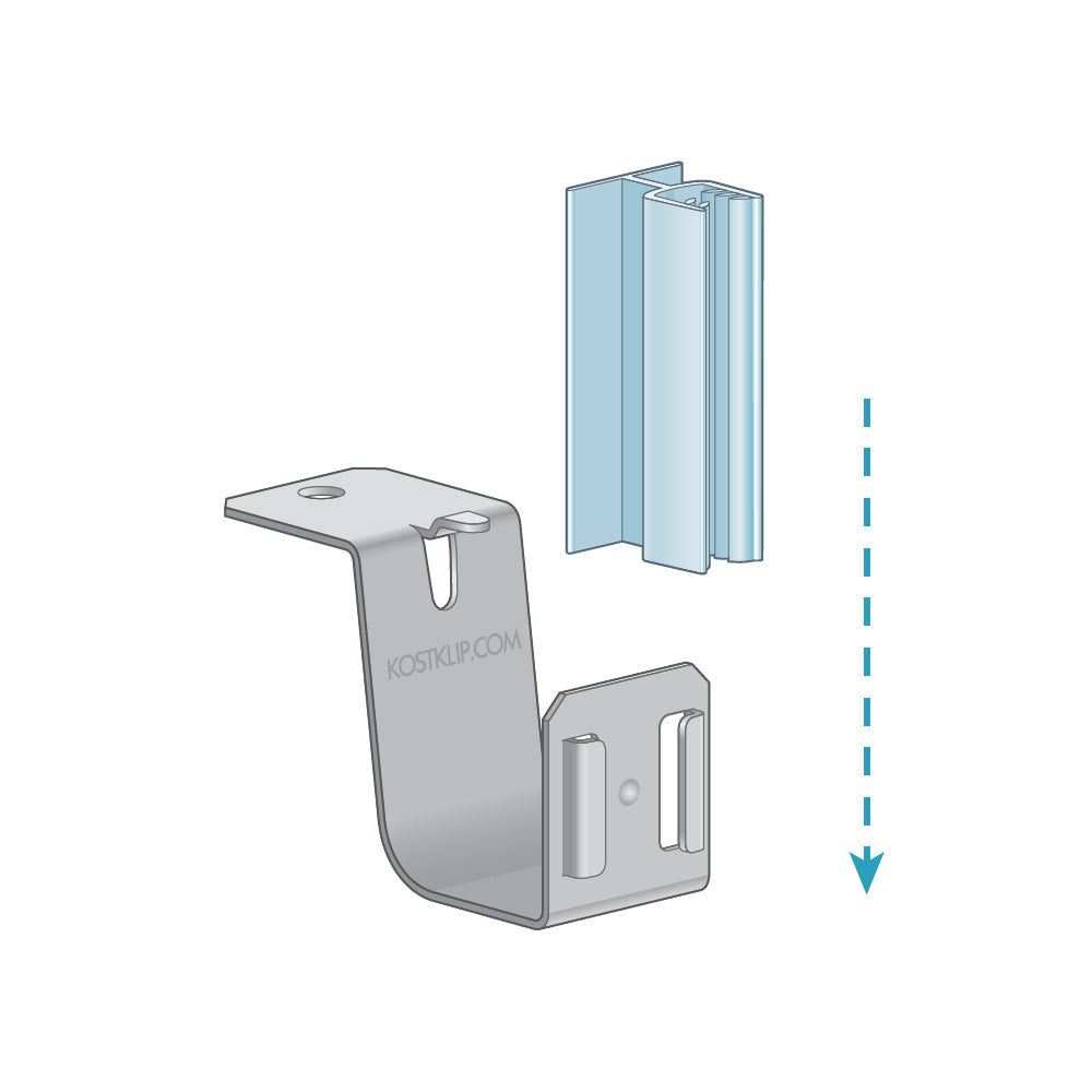 An illustration of the Under Shelf Bracket with the gripper being inserted into the metal holder.