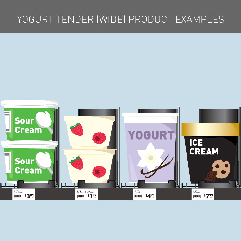 A straight on Illustration of the wide Yogurt Tender KwikPull System showing different product examples